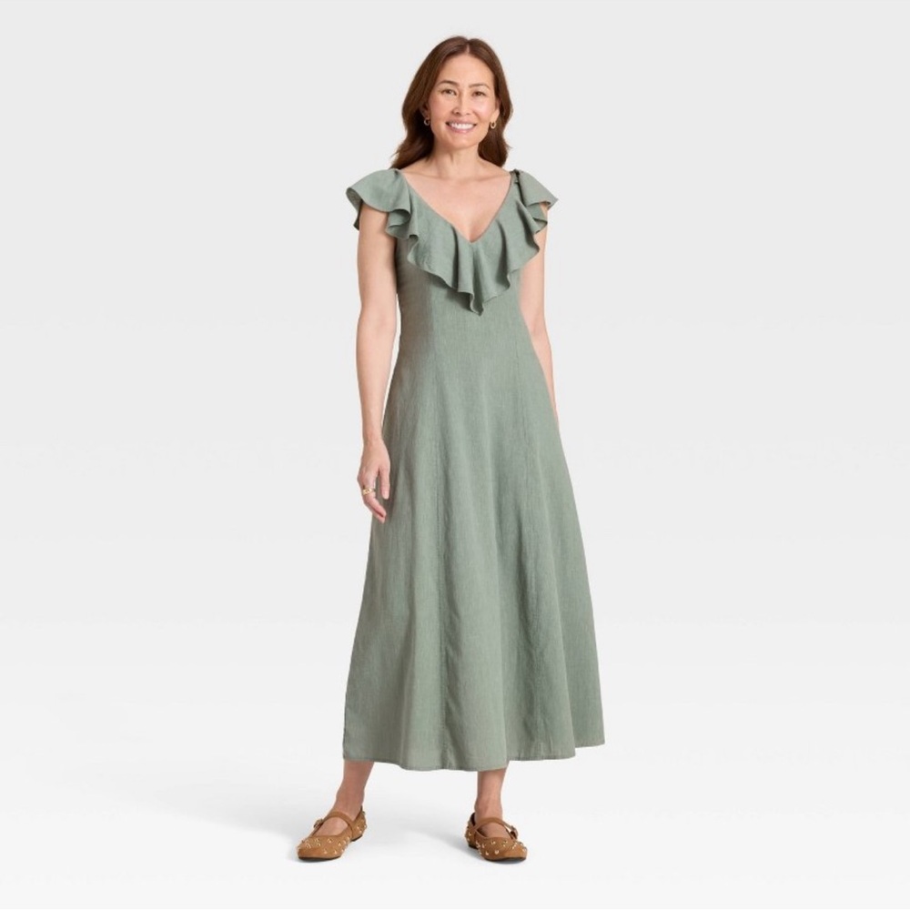 Women's Ruffle Sleeve Maxi A-Line Dress - Universal Thread Green L